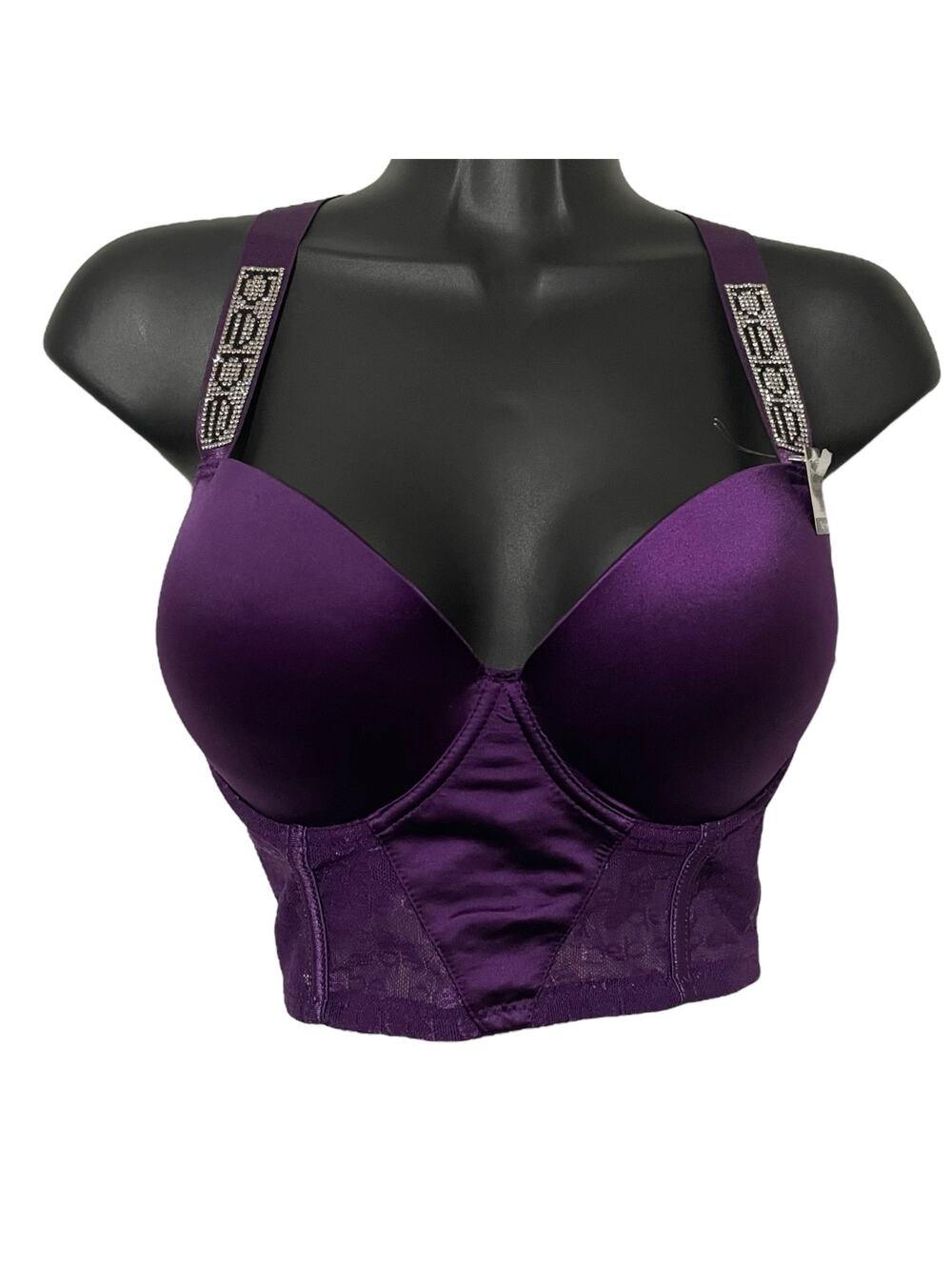 Bebe Womens Bra Size 34C Push Up Longline Bra Rhinstone Adjustable Straps Purple